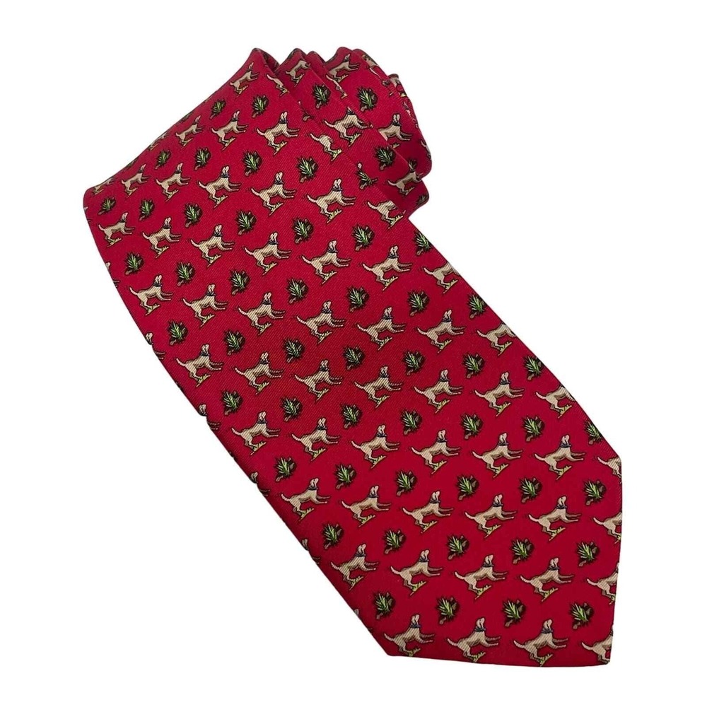 J.Crew Necktie Mens Red AOP Hunting Dog Silk Animal Print Tie Whimsical Heritage